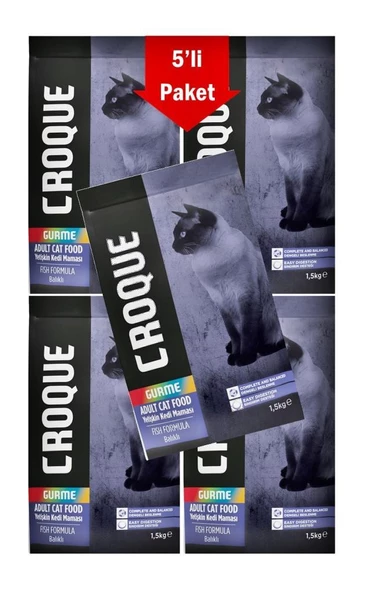Croque Gurme Balıklı Renkli Taneli Yetişkin Kedi Maması 1,5 Kg * 5 Adet