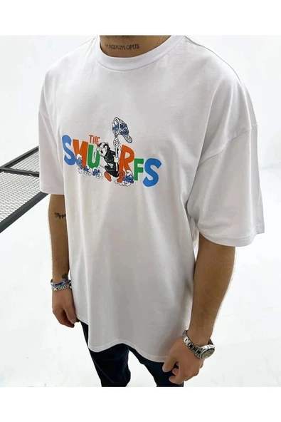 Unisex Beyaz The Smurfs Şirinler Baskılı Oversize Bisiklet Yaka T-shirt - 3
