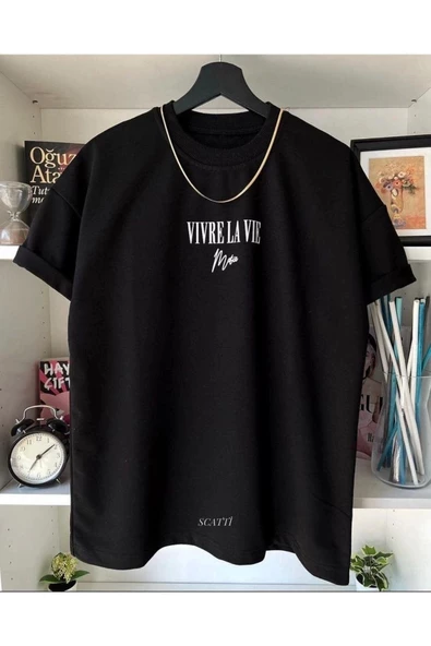 Unisex Siyah Vivre La Vie Baskılı Oversize Bisiklet Yaka Penye Tişört - 2