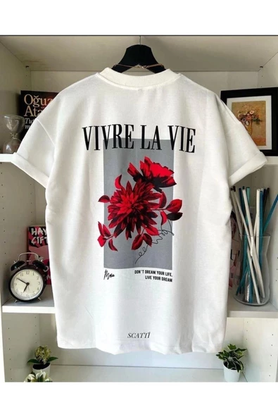 Unisex Beyaz Vivre La Vie Baskılı Oversize Bisiklet Yaka Penye  T-Shirt