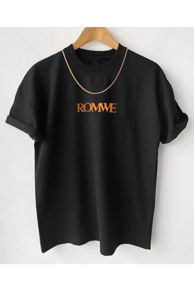 Unisex Siyah Romwe Baskılı Oversize T-shirt