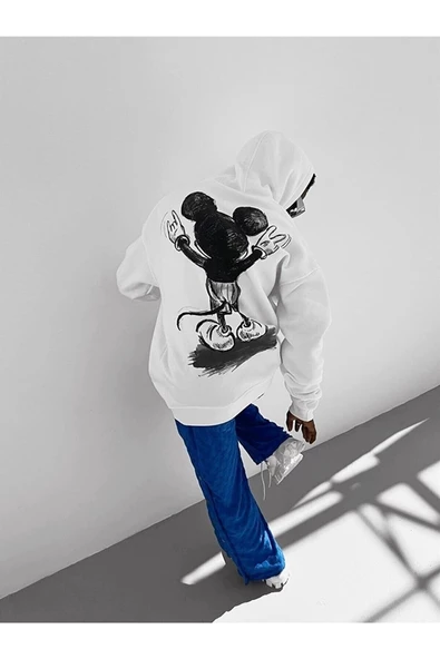 Beyazunısex Mickey Mouse Sırt Baskılı Oversize Kapüşonlu 3 Iplik Sweatshirt - 2