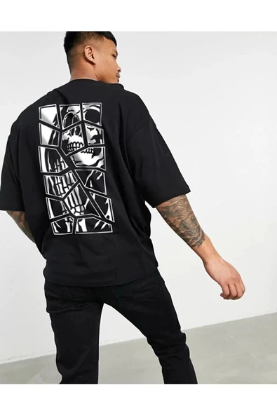 Unisex Siyah Skullcracked Oversize Tshirt