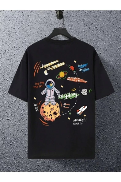 Unisex Siyah Arkası Gezegen Baskılı Oversize Bisiklet Yaka Tshirt - 2