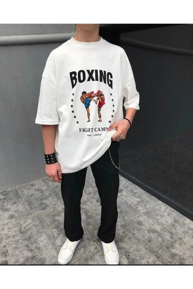 Erkek Beyaz Boxing Baskılı Oversize Bisiklet Yaka Penye Tişört
