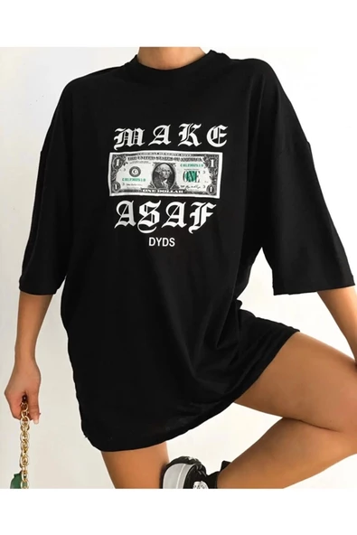 Unisex Dolar Baskılı Oversize Siyah T-shirt