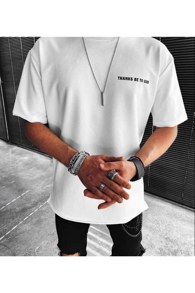 Erkek Beyaz Thanks To Be God Baskılı Oversize Bisiklet Yaka T-shirt - 2