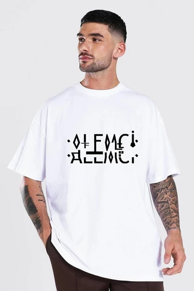 Unisex Beyaz Alemci Baskılı Katlamalı Bisiklet Yaka T-shirt