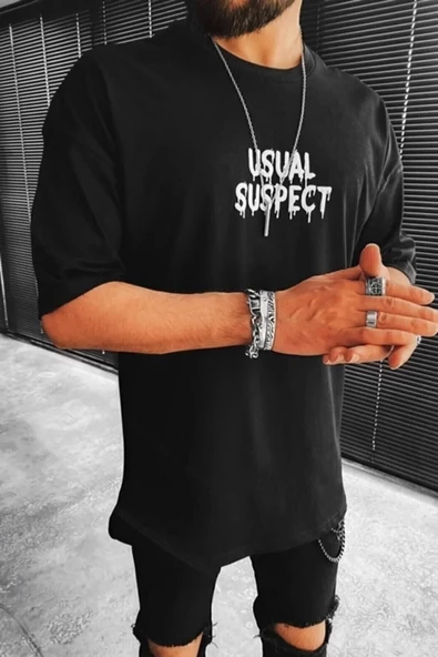 Siyah Unisex Mickey Mouse Suspect Baskılı Oversize Bisiklet Yaka Tshirt - 2