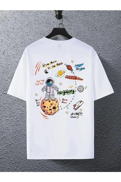 Unisex Beyaz Arkası Gezegen Baskılı Oversize Bisiklet Yaka Tshirt - 3