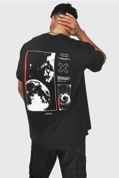 Erkek Siyah Uzay Sırt Baskılı Bisiklet Yaka Oversize T-shirt - 2
