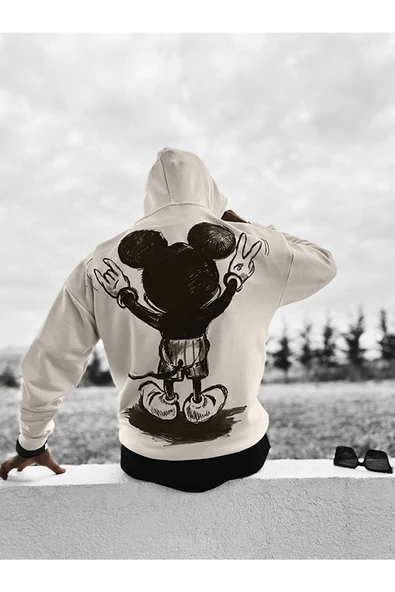 Beyazunısex Mickey Mouse Sırt Baskılı Oversize Kapüşonlu 3 Iplik Sweatshirt - 5