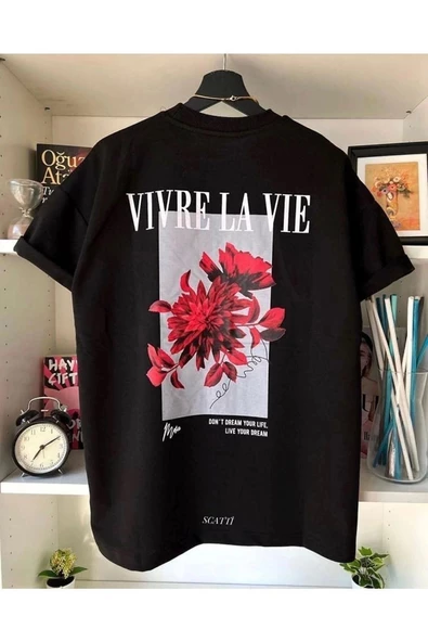Unisex Siyah Vivre La Vie Baskılı Oversize Bisiklet Yaka Penye Tişört