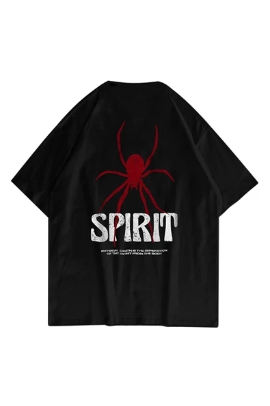 Unisex Spirit Basklı Siyah Oversize Bisiklet Yaka Tshirt
