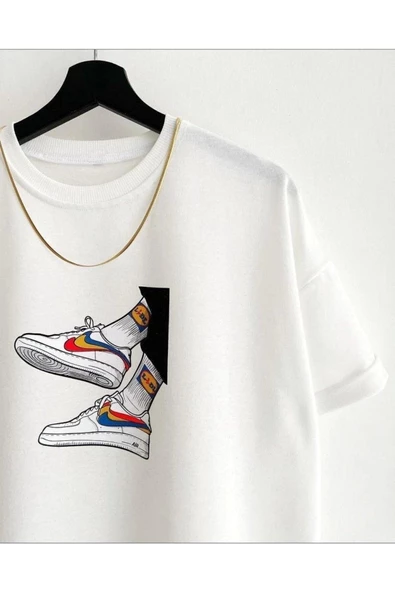 Erkek Beyaz Ayakkabı Baskılı Oversize Bisiklet Yaka Penye Tişört - 2