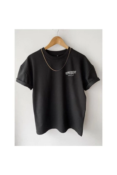 Erkek Siyah Represent Baskılı Bisiklet Yaka Oversize Tshirt