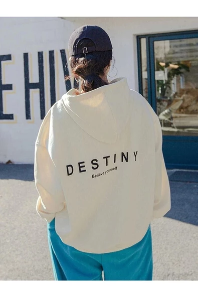 Beyaz Oversize Unisex Destiny Baskılı Bisiklet Yaka 3 Iplik Pamuk Kapüşonlu Sweatshirt
