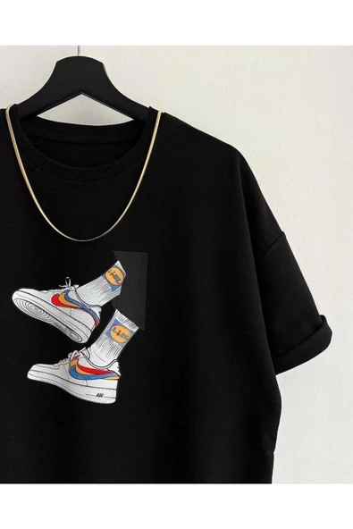 Erkek Siyah Ayakkabı Baskılı Oversize Bisiklet Yaka Penye Tişört - 2