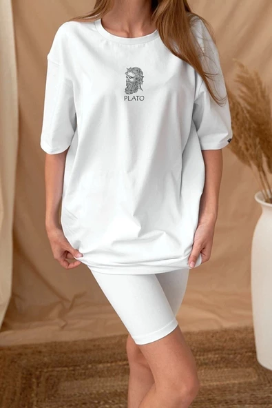Oversize Plato Baskılı Beyaz Tshirt - 2