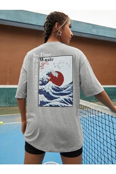 Unisex No Time To Waste Baskılı Gri Oversize Tshirt