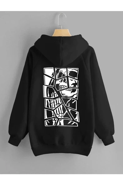 Siyah Skull Kurukafa Sırt Baskılı Oversize Kapüşonlu Sweatshirt