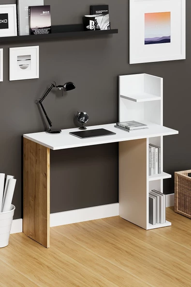 Fly Mobilya Sky Kitaplıklı Çalışma Masası, Safir Meşe Raflı Beyaz Bilgisayar Masası, Ofis Ders Laptop Masası - 3