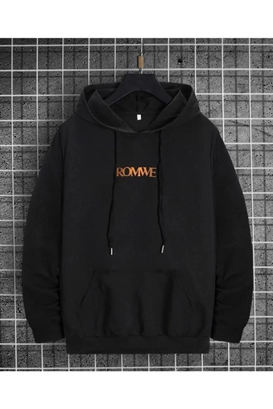 Erkek Siyah Romwe Baskılı Bisiklet Yaka Kapşonlu Sweatshirt