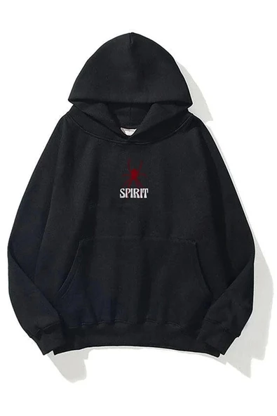 Siyah Unisex Spirit Kapüşonlu Oversize Sweatshirt - Resim 2