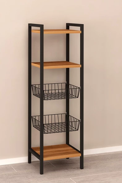 Fly Mobilya Polina Tel Sepetli Çok Amaçlı Mutfak Dolabı, Siyah Metal Ayaklı Sepetli Çok Amaçlı Dolap - 5