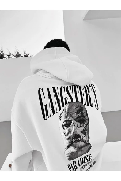 Erkek Beyaz Gangster Paradise Baskılı Oversize 3 Iplik Kapüşonlu Sweatshirt - Resim 3