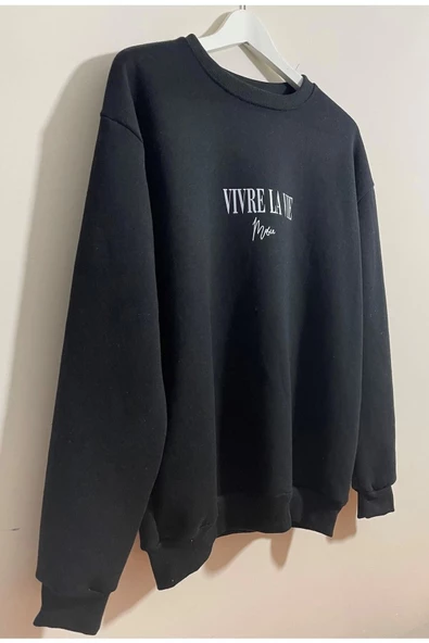 3 Iplik Oversize Vivre La Vie Basklı Siyah Unisex Sweatshirt - Resim 4