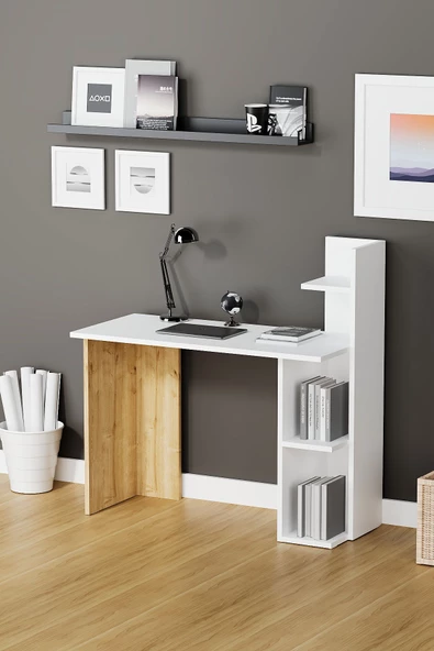 Fly Mobilya Sky Kitaplıklı Çalışma Masası, Safir Meşe Raflı Beyaz Bilgisayar Masası, Ofis Ders Laptop Masası - 2