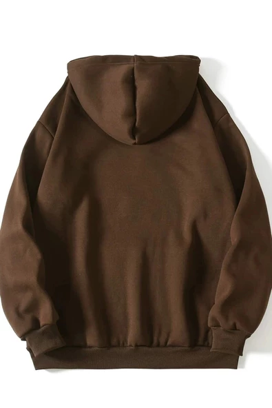 Unisex Oversize Kahverengi New Jersey Baskılı Kapüşonlu Sweatshirt - Resim 2