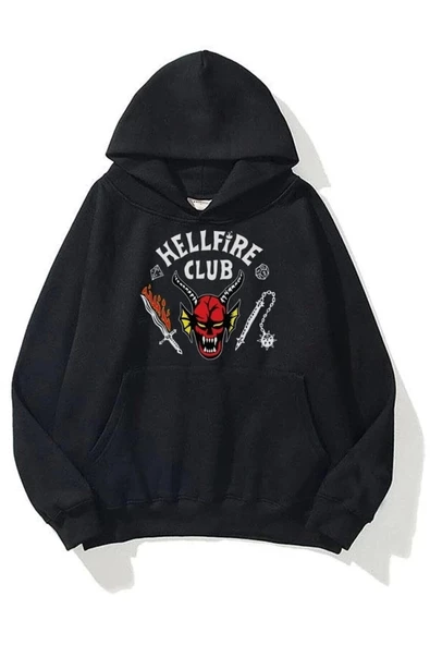 Unisex Hellfire Club Baskılı Oversize Siyah Kapüşonlu Sweatshirt ürün görseli