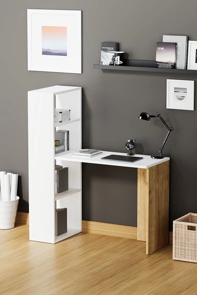 Fly Mobilya Star Raflı Çalışma Masası, Beyaz Meşe Kitaplıklı Bilgisayar Masası, Ofis Ders Laptop Masası - 2