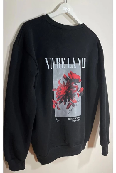 3 Iplik Oversize Vivre La Vie Basklı Siyah Unisex Sweatshirt - Resim 2