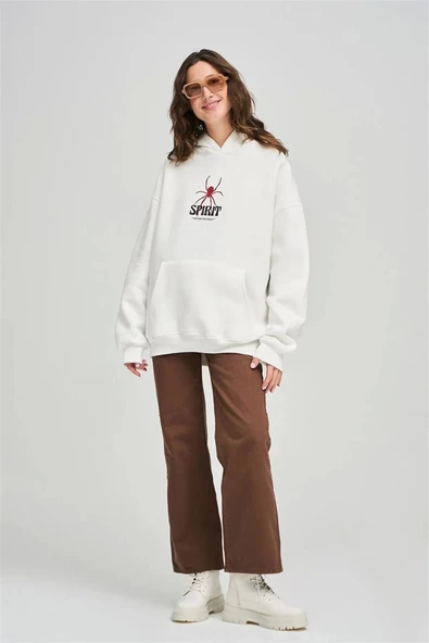 Beyaz Unisex Spirit Kapüşonlu Sweatshirt - Resim 3