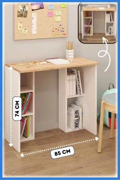 Fly Mobilya Luis Raflı Çalışma Masası, Beyaz Detroit Kitaplıklı Bilgisayar Masası, Ofis Ders Laptop Masası ürün görseli