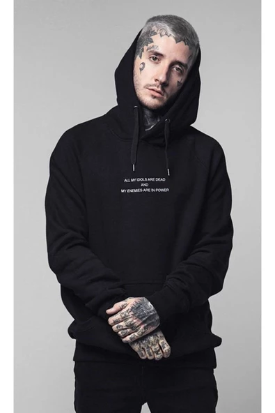 Erkek Siyah Gögüs Yazı Baskılı Oversize Kapşonlu Sweatshirt