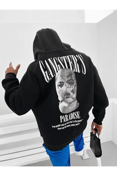 Erkek Siyah Gangster Paradise Baskılı Oversize 3 Iplik Kapüşonlu Sweatshirt - 2