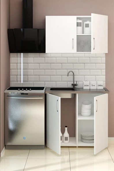 Fly Mobilya 100 cm Mini Çelik Evyeli Mutfak Dolabı Alt Üst Seti, Minimalist Modern Mutfak Ünitesi - 4