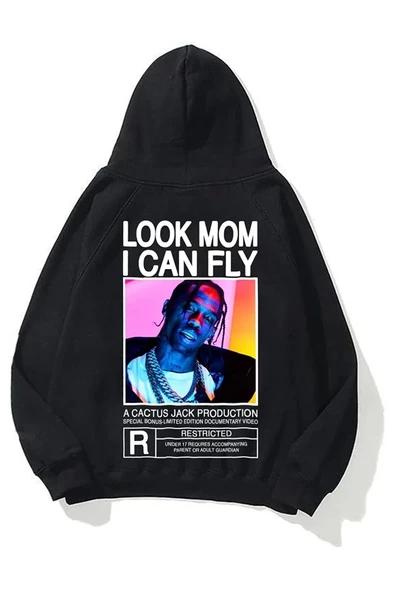Siyah Unisex Look Mom Can Fly Renkli Kapüşonlu Sweatshirt ürün görseli