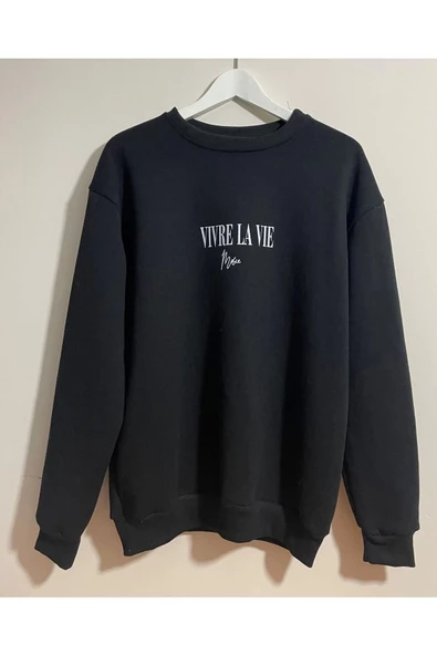 3 Iplik Oversize Vivre La Vie Basklı Siyah Unisex Sweatshirt - Resim 3