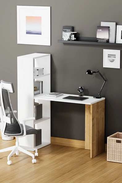Fly Mobilya Star Raflı Çalışma Masası, Beyaz Meşe Kitaplıklı Bilgisayar Masası, Ofis Ders Laptop Masası