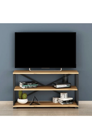 Fly Mobilya Nuovo Tv Sehpası, Siyah Metal Ayaklı Modern Tv Ünitesi, Raflı Tv Standı, Televizyon Sehpası