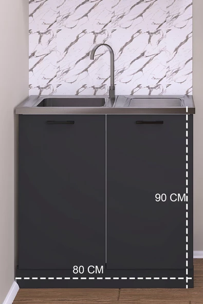 Fly Mobilya 80 Cm Eylül Mutfak Evyeli Alt Modül Antrasit ,mini Hazır Mutfak Dolabı Alt Modülü - 4