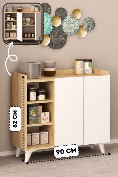 Fly Mobilya Alary Çok Amaçlı Dolap Beyaz & Meşe Raflı Çok Amaçlı Mutfak Dolabı Modern Kiler Dolabı - 2