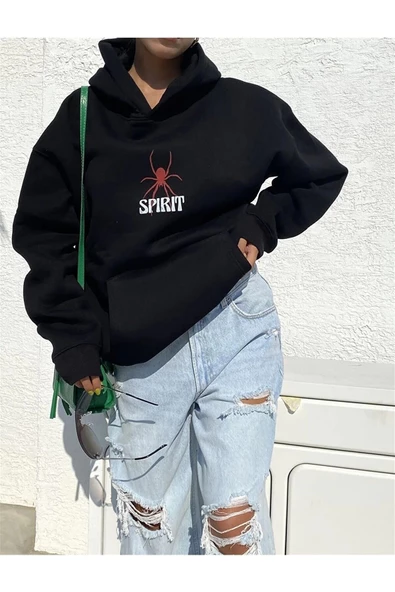 Siyah Unisex Spirit Kapüşonlu Oversize Sweatshirt - Resim 3