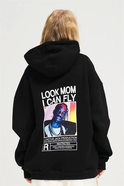 Siyah Unisex Look Mom Can Fly Renkli Kapüşonlu Sweatshirt - Resim 3