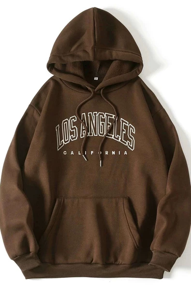 Unisex Oversize Kahverengi New Jersey Baskılı Kapüşonlu Sweatshirt ürün görseli